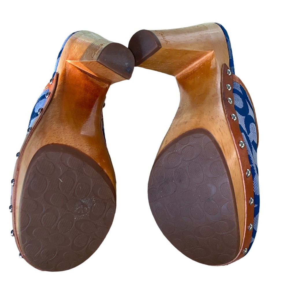 COACH Vintage Bacall Signature Logo Blue Platform Heeled Clogs Mules - 5 - Picture 11 of 14